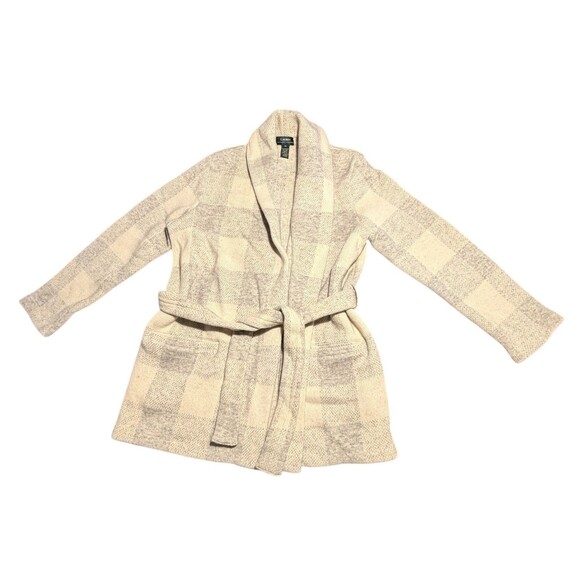 Vintage Lauren Ralph Lauren Belted Cardigan Sweater Women’s XL Wool Ivory Gray - Picture 13 of 13